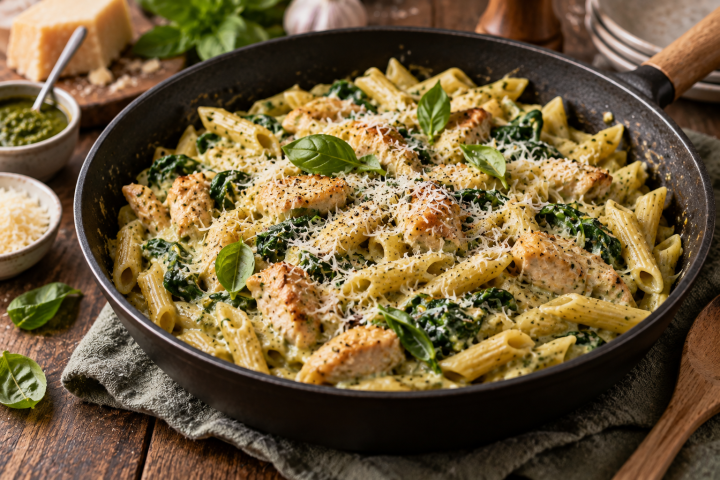 Cremige Pasta-Pfanne mit Hähnchen & Pesto-Rahm